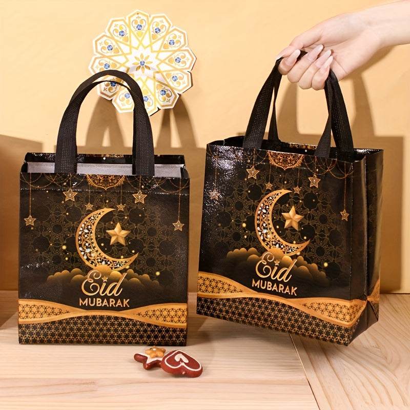 4/8pcs Eid Mubarak Tote Bags with Handles, Black Golden Star Moon Design Ramadan Kareem Reusable Gift Bag Grocery Shopping Bag Non-Woven Bags, Ramadan Decorations 2025 for Islamic Muslim Party Supplies Eid Al-Fitr Eid Al Adha