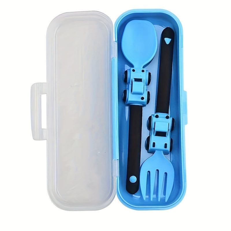 1pc, Kids Utensil Set With Fork And Spoon, Engineering Vehicle Theme, PP Material, Portable Anti-Bacterial Design, Soft Grip, Dishwasher Safe, Comes With Storage Box, Ideal For Home And Travel Use