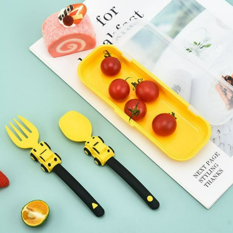 1pc, Kids Utensil Set With Fork And Spoon, Engineering Vehicle Theme, PP Material, Portable Anti-Bacterial Design, Soft Grip, Dishwasher Safe, Comes With Storage Box, Ideal For Home And Travel Use