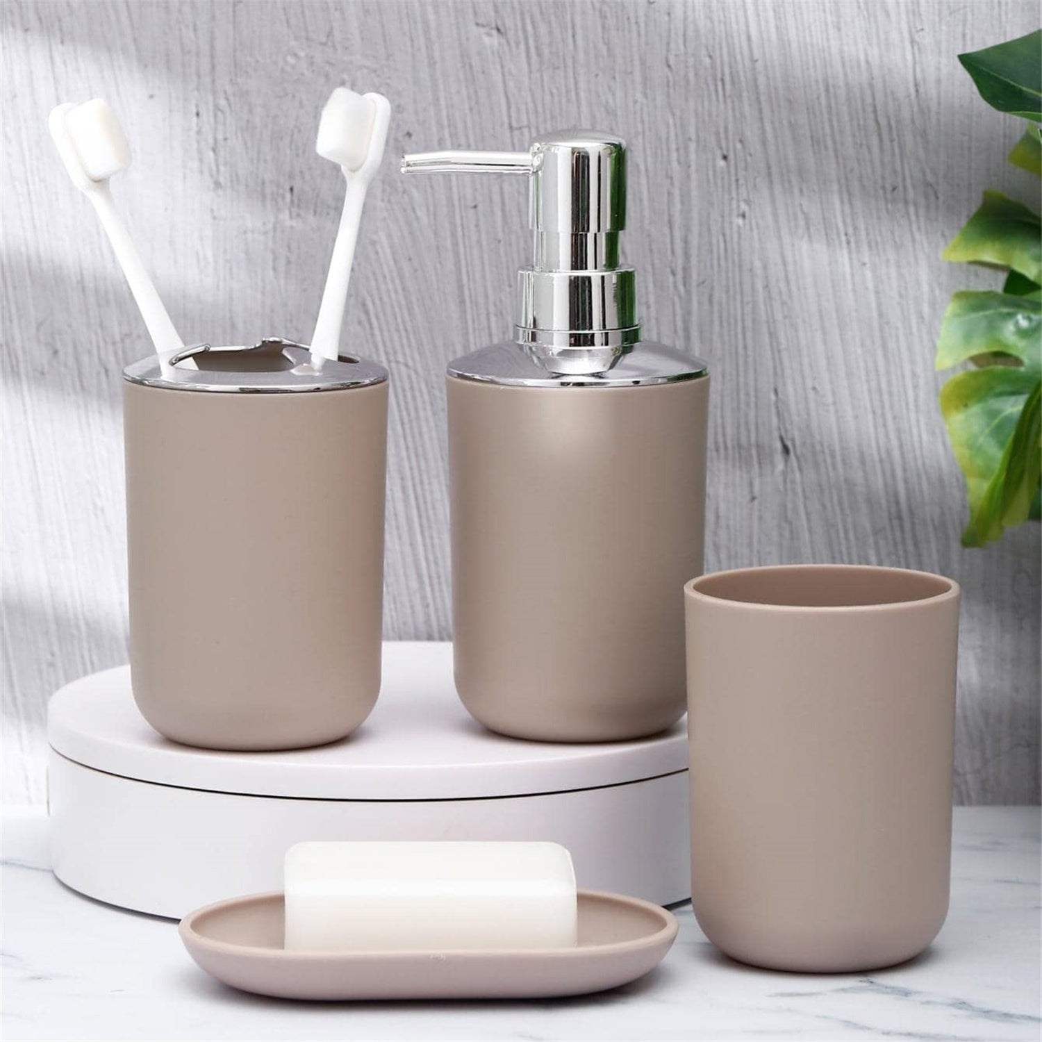 4pcs beige bathroom set lotion bottle + toothbrush holder + mouthwash cup + soap box with flat spray head