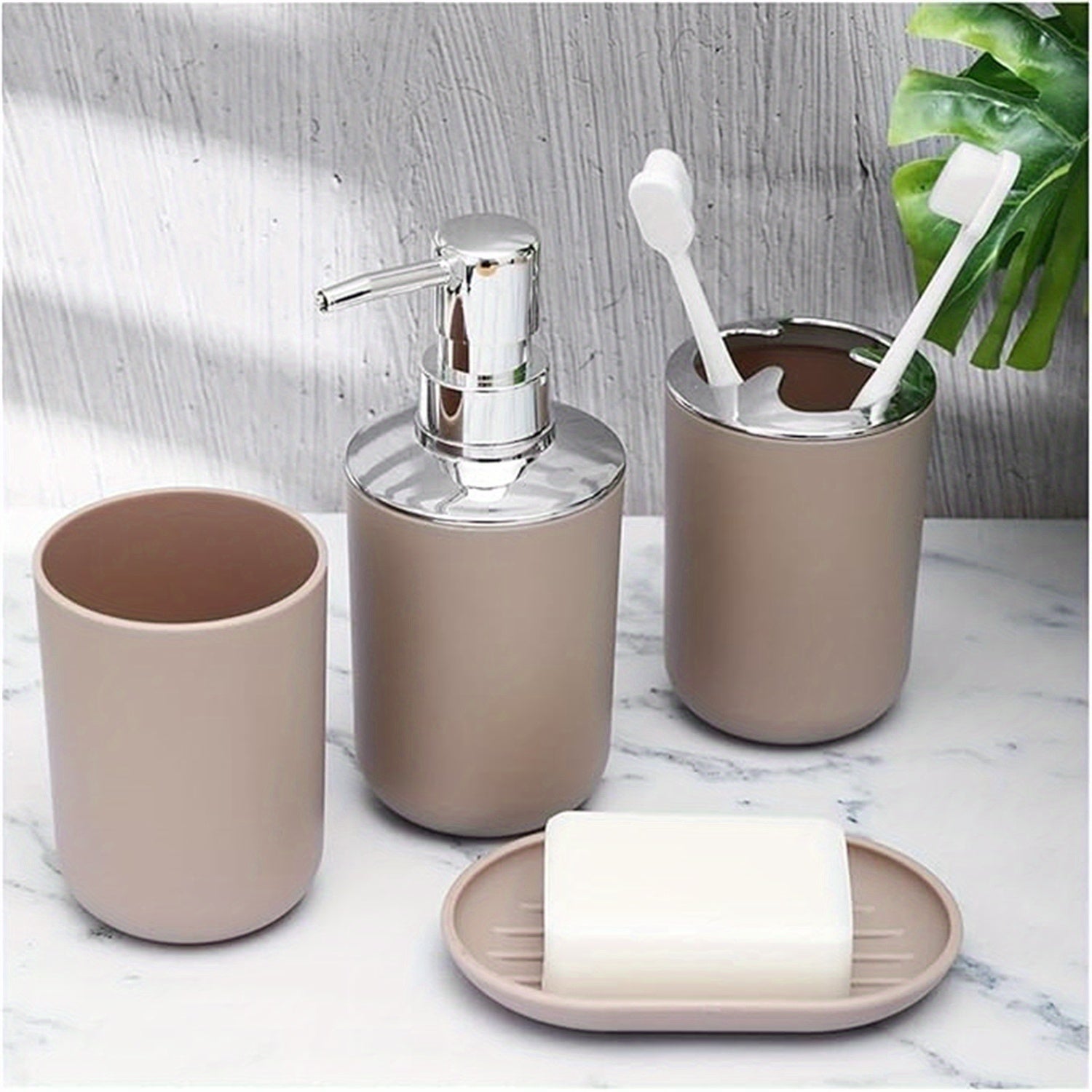 4pcs beige bathroom set lotion bottle + toothbrush holder + mouthwash cup + soap box with flat spray head