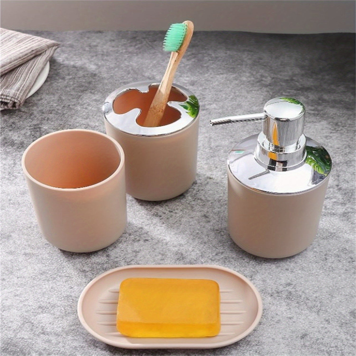 4pcs beige bathroom set lotion bottle + toothbrush holder + mouthwash cup + soap box with flat spray head