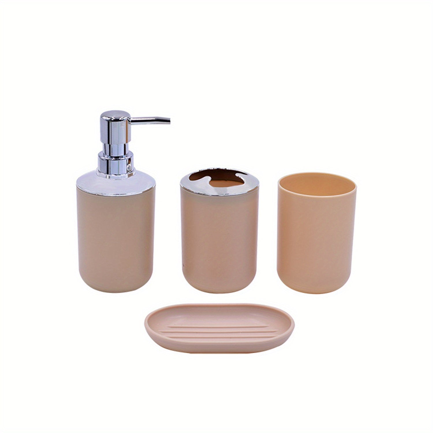 4pcs beige bathroom set lotion bottle + toothbrush holder + mouthwash cup + soap box with flat spray head