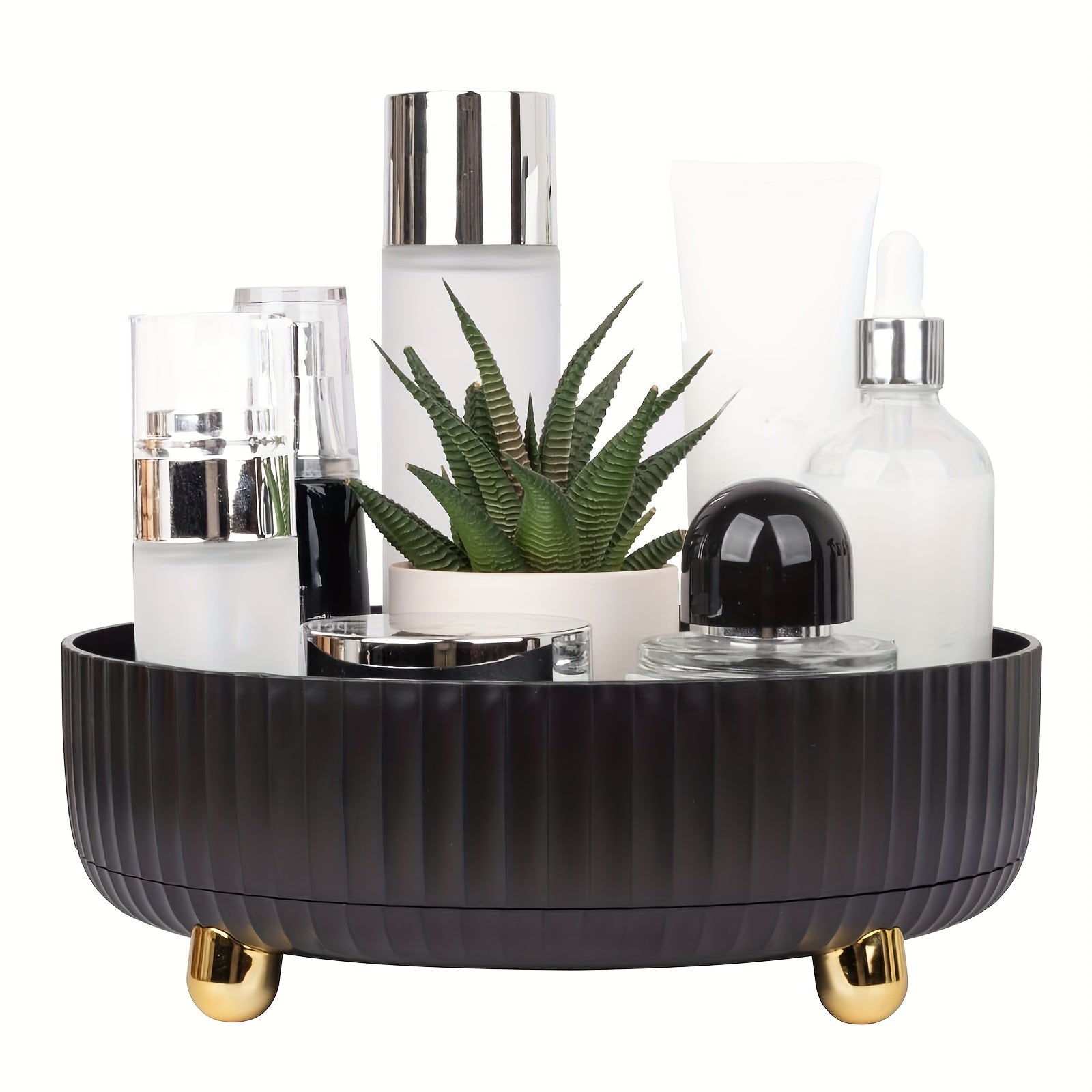 1pc Large Capacity 360-Degree Rotating Makeup & Perfume Organizer - Sleek Black Vanity Storage Tray with Golden Accents, Ribbed Edge Design for Stability, No Assembly Required,, Vanity Tray