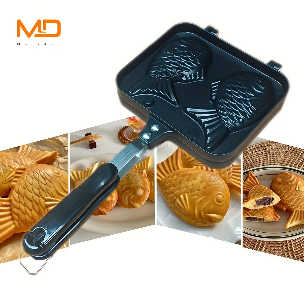 1pc MOREDOR Fish-Shaped Nonstick Aluminum Taiyaki Maker, Double-Sided Baking Mold with Handle for Home Grill, Metal Frying Pan, MOREDOR