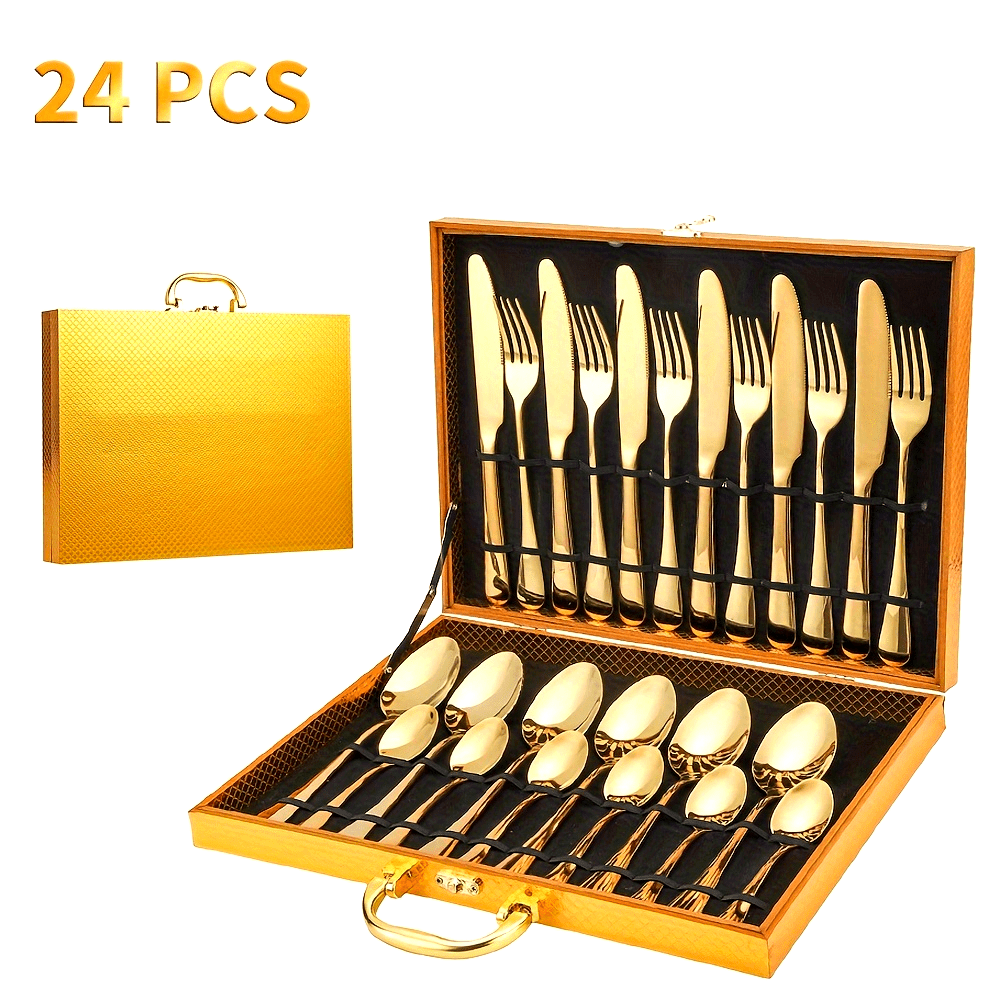 1010 Plus Wood Box 24pcs Elegant Stainless Steel Black Flatware Set, Classic 24pcs Knife, Fork and Spoon Gift Set, Mirror Polish 6 People Gold Cutlery with Wooden Box Packaging, Dishwasher Safe, Ideal for Weddings, Parties, R