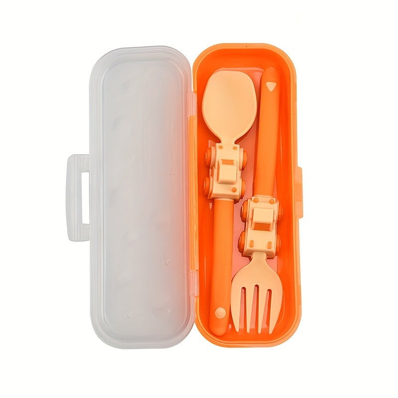 1pc, Kids Utensil Set With Fork And Spoon, Engineering Vehicle Theme, PP Material, Portable Anti-Bacterial Design, Soft Grip, Dishwasher Safe, Comes With Storage Box, Ideal For Home And Travel Use