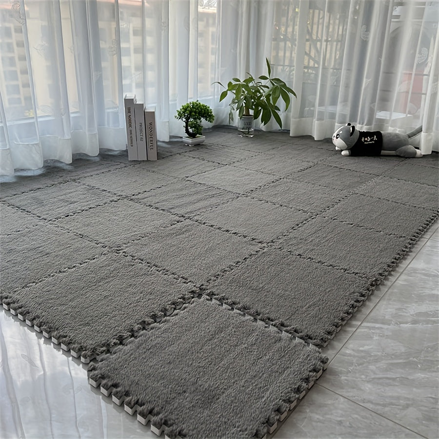 12pcs Set of Thick Bedroom Living Room Full Coverage Interlocking Carpet Tiles, Warm Room Bedside Rug, Washable Soft Non-Slip Mats, 29.97x29.97 cm - Polyester & EVA Material, Machine-Made, Hand-Wash Only