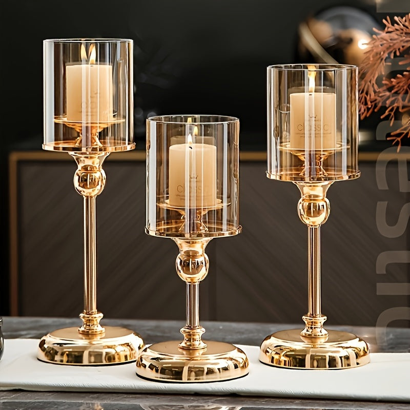 3pcs Set of Elegant Golden Metal Glass Candlesticks - Stainless Steel, Romantic Dinner and Home Decoration Table Design