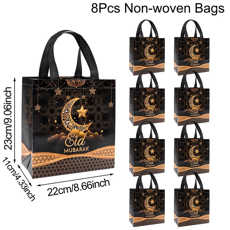 4/8pcs Eid Mubarak Tote Bags with Handles, Black Golden Star Moon Design Ramadan Kareem Reusable Gift Bag Grocery Shopping Bag Non-Woven Bags, Ramadan Decorations 2025 for Islamic Muslim Party Supplies Eid Al-Fitr Eid Al Adha