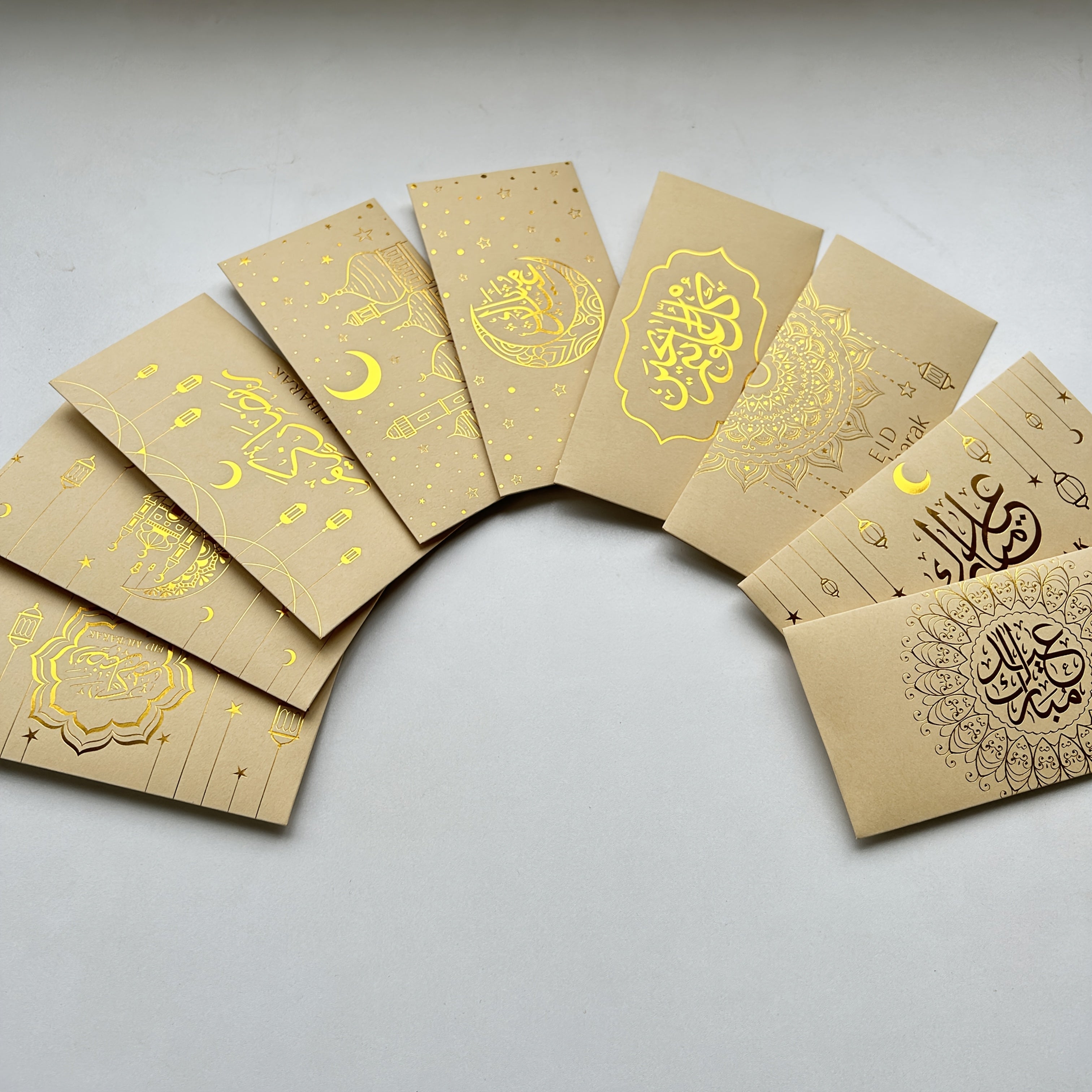 New 9/18pcs Eid Envelopes Super Thick Kraft Paper Cash Gift Money Bags with Hot Stamping Gift Card Envelopes for Eid Mubarak and Ramadan