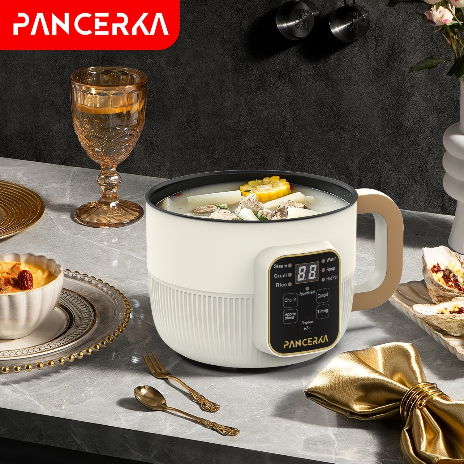 PANCERKA 1.0L Mini Electric Cooking Pot with Steamer, Multifunctional Hot Pot, Non-Stick Layer Smart Model, with 220-240V European Standard Plug, for Household Use