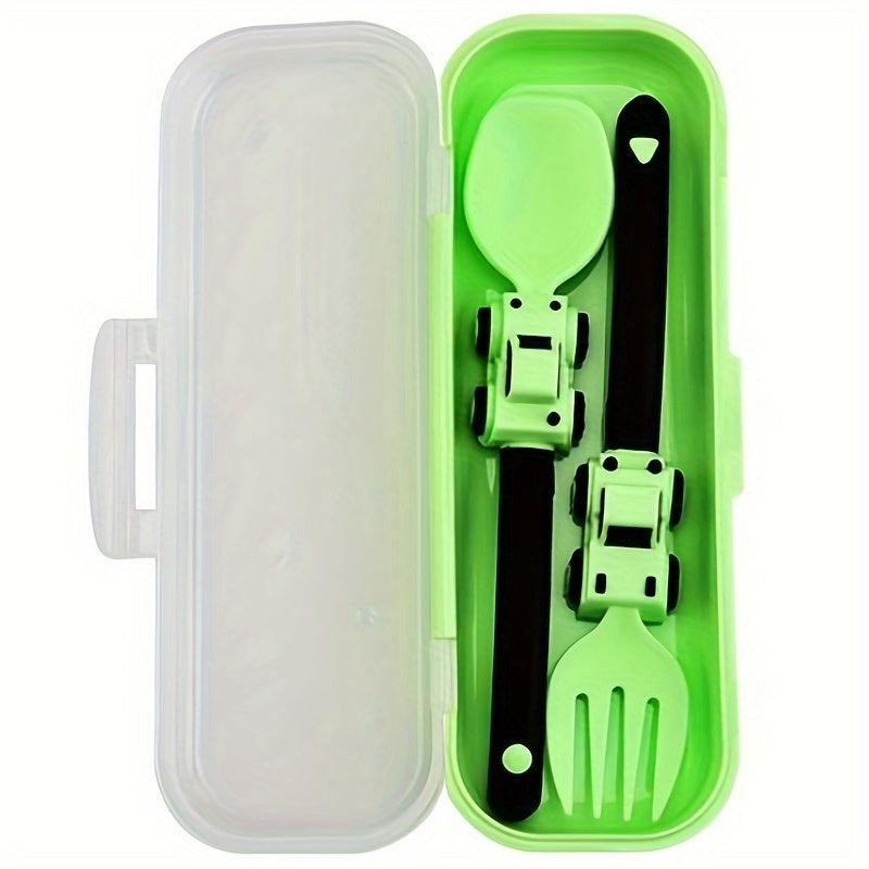 1pc, Kids Utensil Set With Fork And Spoon, Engineering Vehicle Theme, PP Material, Portable Anti-Bacterial Design, Soft Grip, Dishwasher Safe, Comes With Storage Box, Ideal For Home And Travel Use