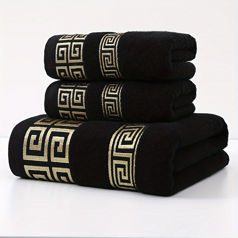 3pcs Luxury Cotton Towel Set, 100% Pure Cotton, GSM 410, Geometric Embroidery, Soft Absorbent, Non-Shedding & Color-Fast, Bath Towel & Hand Towels, Essential for Bathroom, Perfect for Autumn/Winter, Ideal Gift for Family & Fr