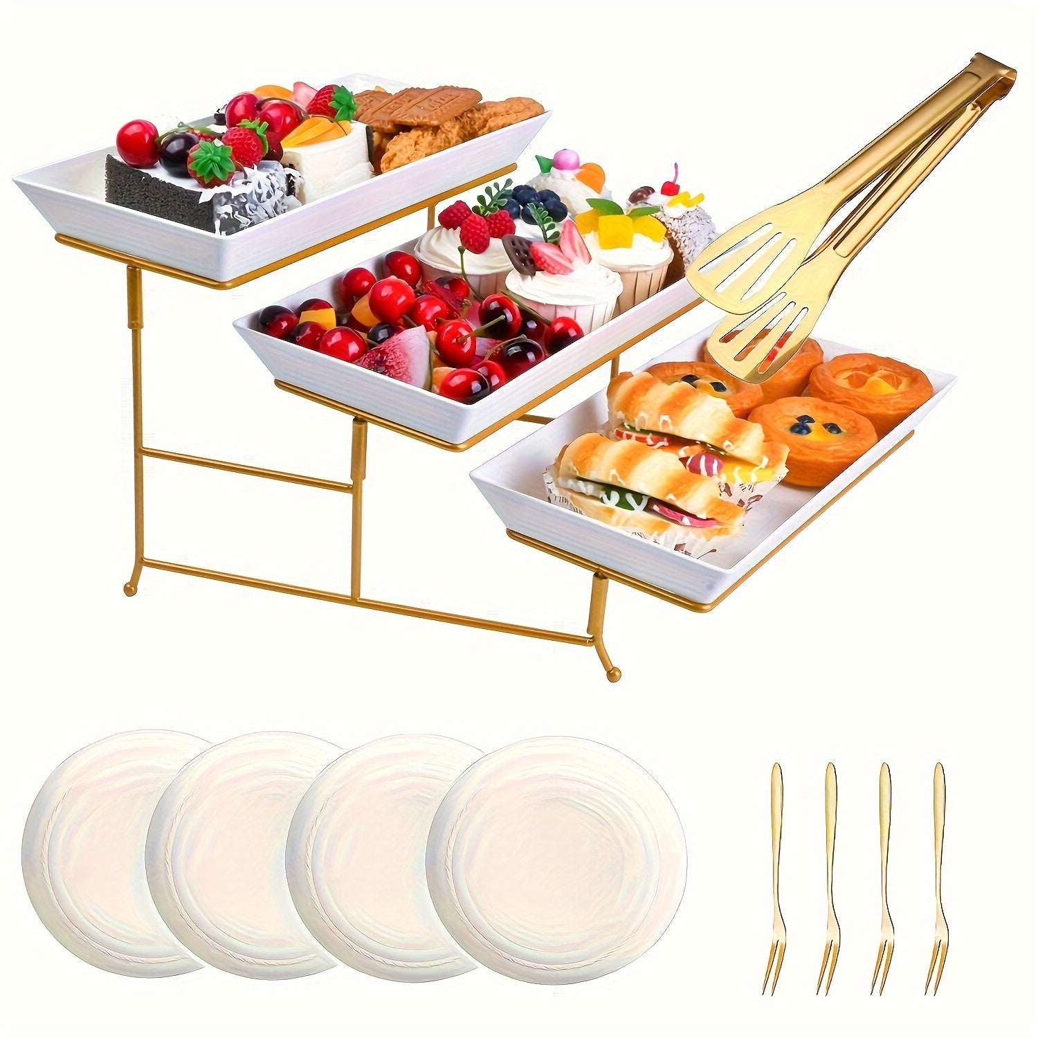 Elegant 3-Tier Metal Stand with PP Plates & Rectangular Bowls - Perfect for Fruits, Desserts, Appetizers & Cakes - Ideal for Parties & Home Use