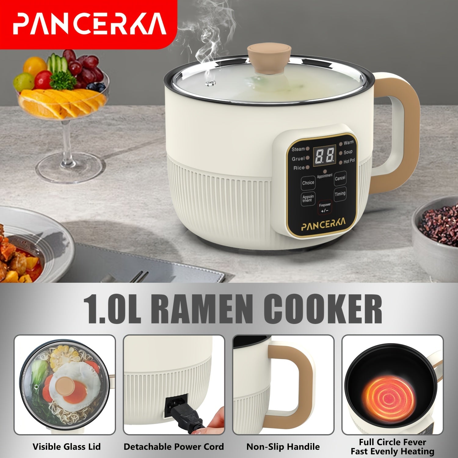 PANCERKA 1.0L Mini Electric Cooking Pot with Steamer, Multifunctional Hot Pot, Non-Stick Layer Smart Model, with 220-240V European Standard Plug, for Household Use