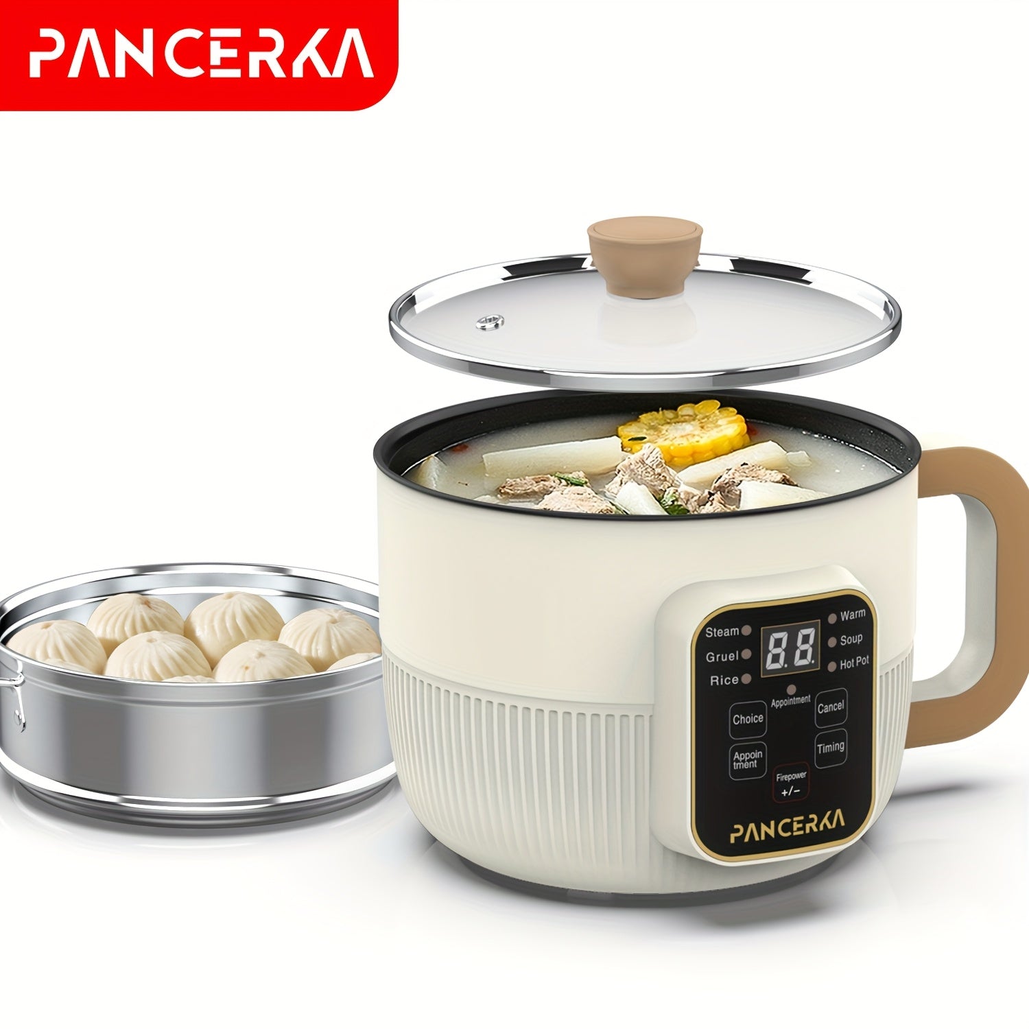 PANCERKA 1.0L Mini Electric Cooking Pot with Steamer, Multifunctional Hot Pot, Non-Stick Layer Smart Model, with 220-240V European Standard Plug, for Household Use