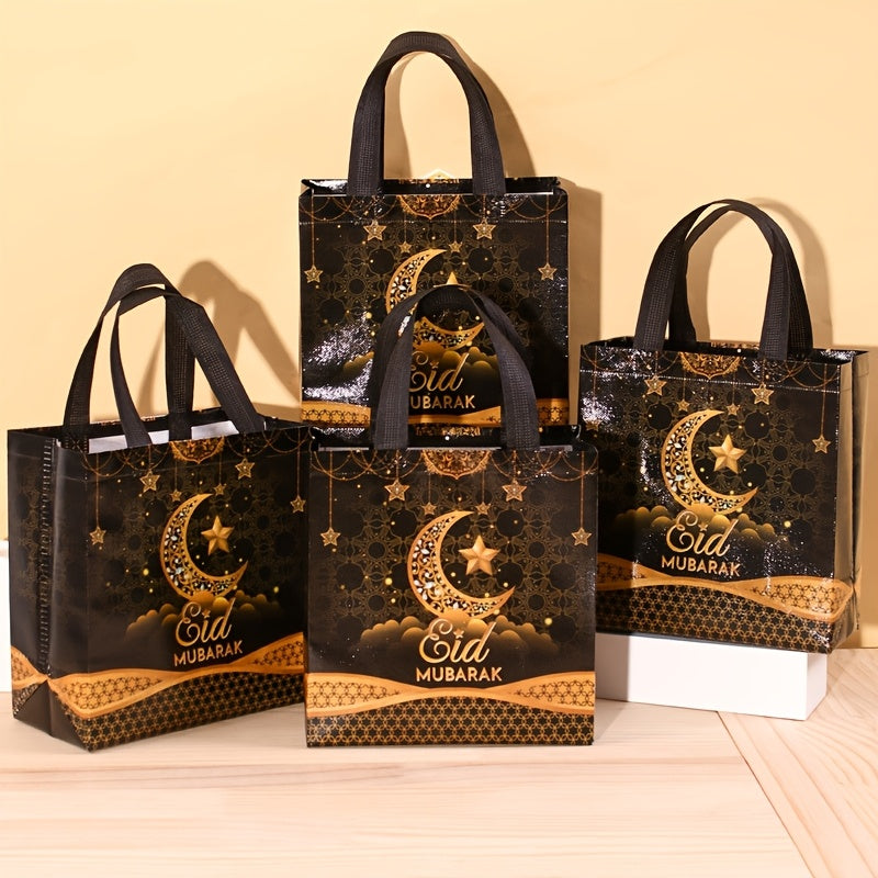 4/8pcs Eid Mubarak Tote Bags with Handles, Black Golden Star Moon Design Ramadan Kareem Reusable Gift Bag Grocery Shopping Bag Non-Woven Bags, Ramadan Decorations 2025 for Islamic Muslim Party Supplies Eid Al-Fitr Eid Al Adha