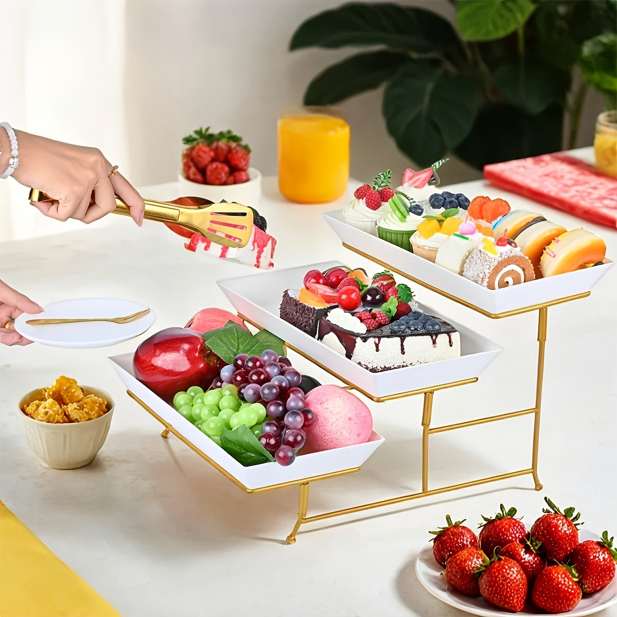 Elegant 3-Tier Metal Stand with PP Plates & Rectangular Bowls - Perfect for Fruits, Desserts, Appetizers & Cakes - Ideal for Parties & Home Use