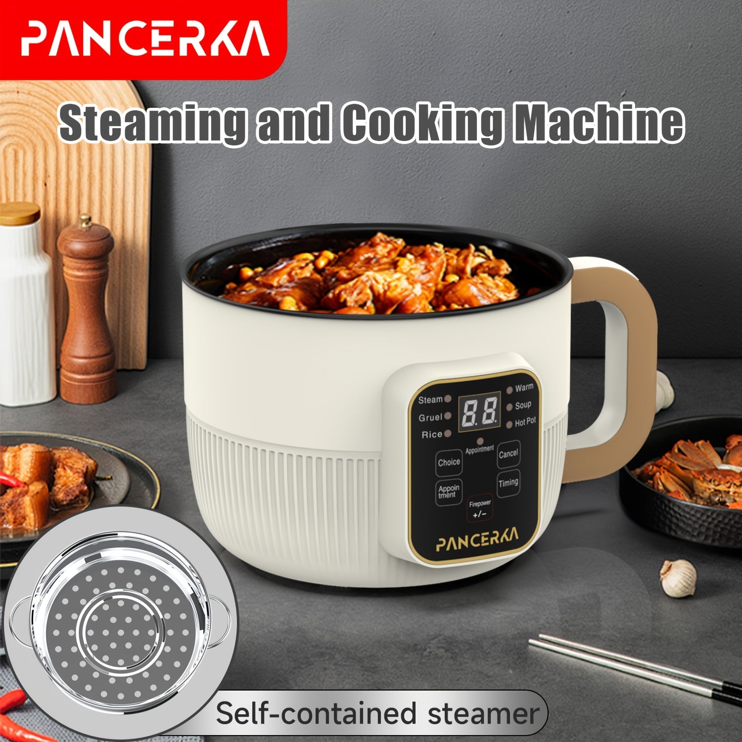 PANCERKA 1.0L Mini Electric Cooking Pot with Steamer, Multifunctional Hot Pot, Non-Stick Layer Smart Model, with 220-240V European Standard Plug, for Household Use