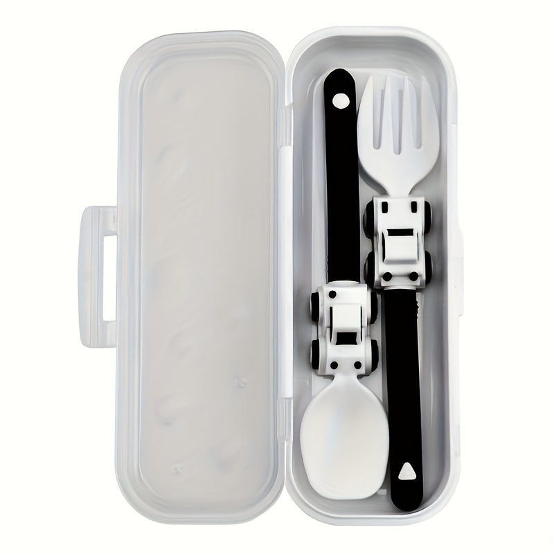 1pc, Kids Utensil Set With Fork And Spoon, Engineering Vehicle Theme, PP Material, Portable Anti-Bacterial Design, Soft Grip, Dishwasher Safe, Comes With Storage Box, Ideal For Home And Travel Use