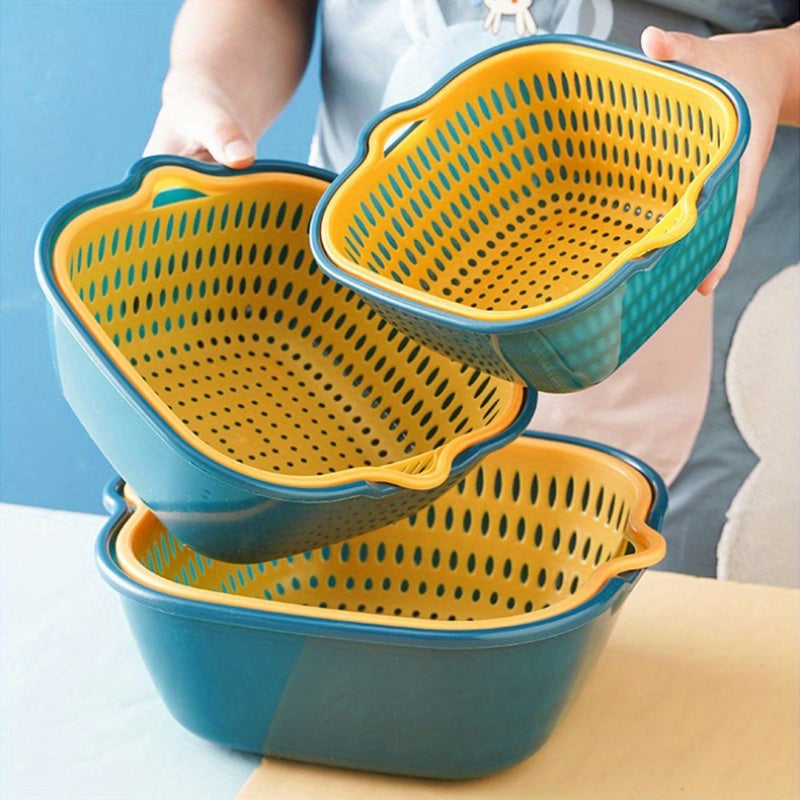 6-Piece Plastic Colander Set, Double-Layer Drain Basket, Reusable Kitchen Strainers for Rinsing Fruits and Vegetables, Multipurpose Kitchen Tools and Accessories