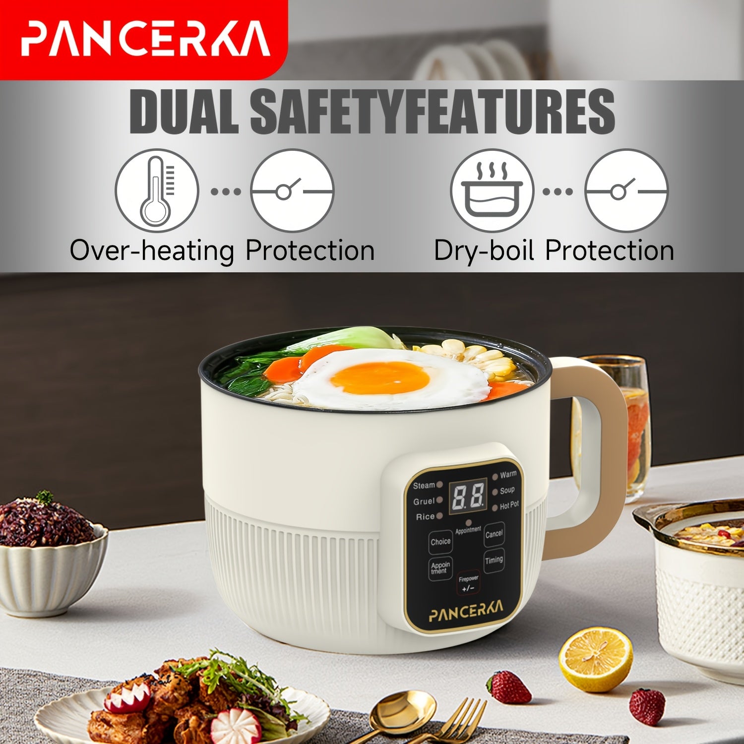 PANCERKA 1.0L Mini Electric Cooking Pot with Steamer, Multifunctional Hot Pot, Non-Stick Layer Smart Model, with 220-240V European Standard Plug, for Household Use