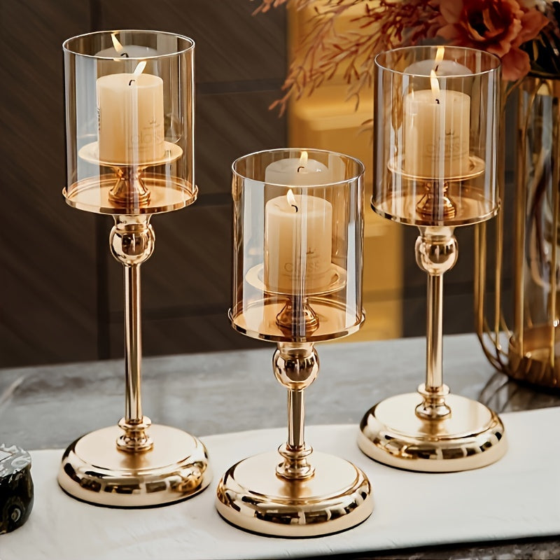 3pcs Set of Elegant Golden Metal Glass Candlesticks - Stainless Steel, Romantic Dinner and Home Decoration Table Design