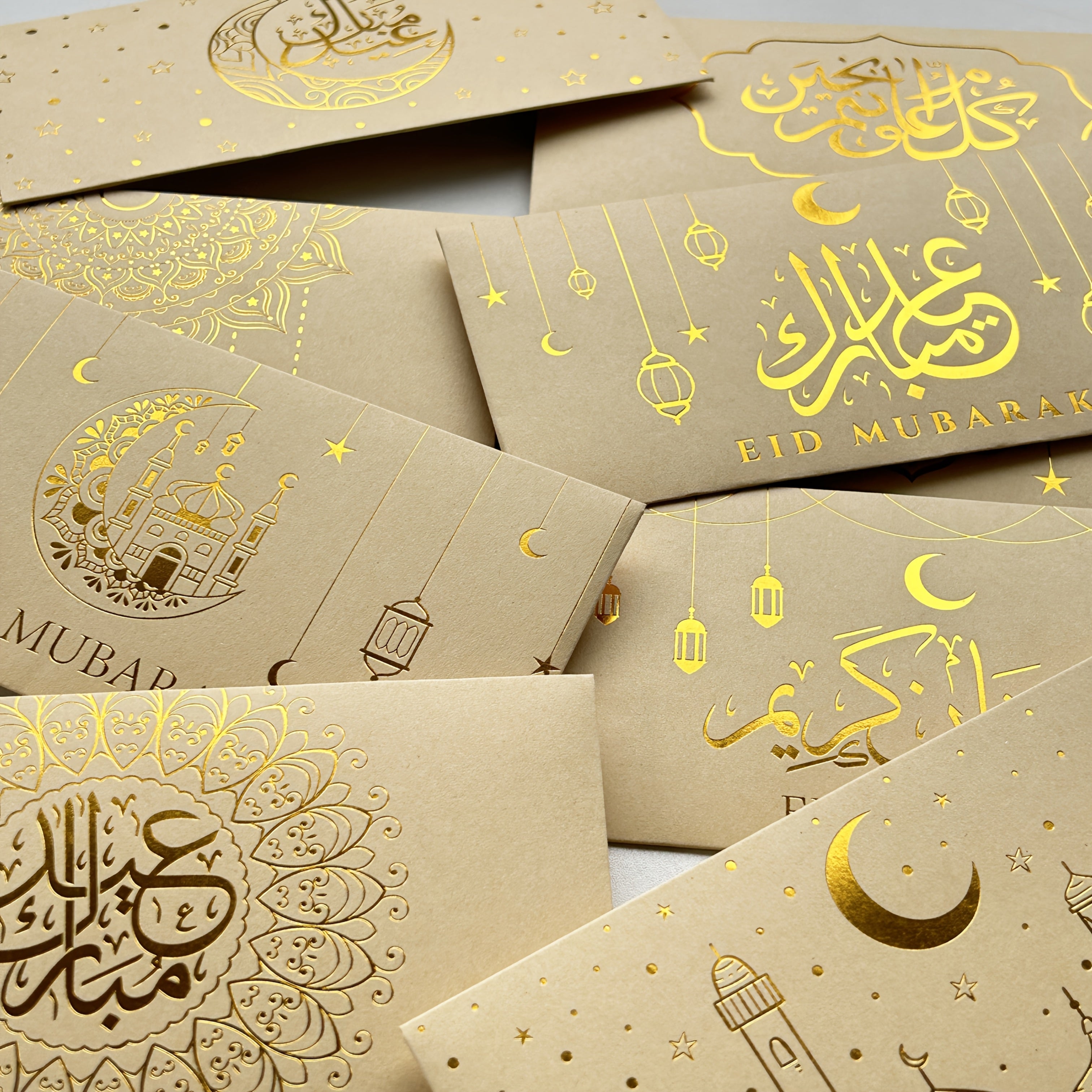 New 9/18pcs Eid Envelopes Super Thick Kraft Paper Cash Gift Money Bags with Hot Stamping Gift Card Envelopes for Eid Mubarak and Ramadan