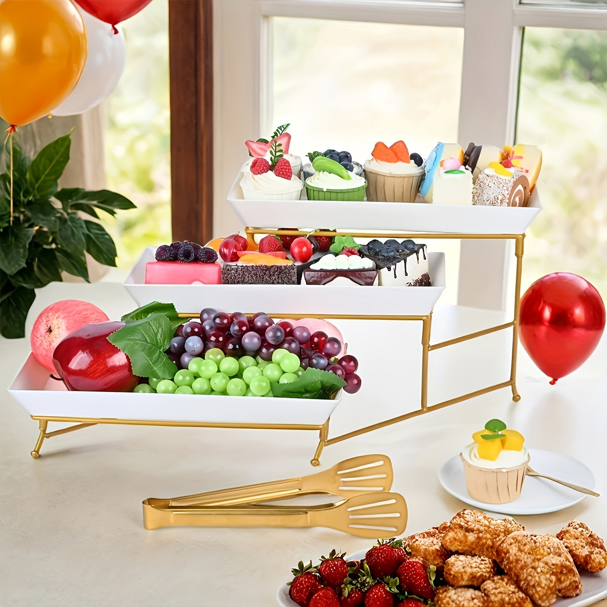 Elegant 3-Tier Metal Stand with PP Plates & Rectangular Bowls - Perfect for Fruits, Desserts, Appetizers & Cakes - Ideal for Parties & Home Use