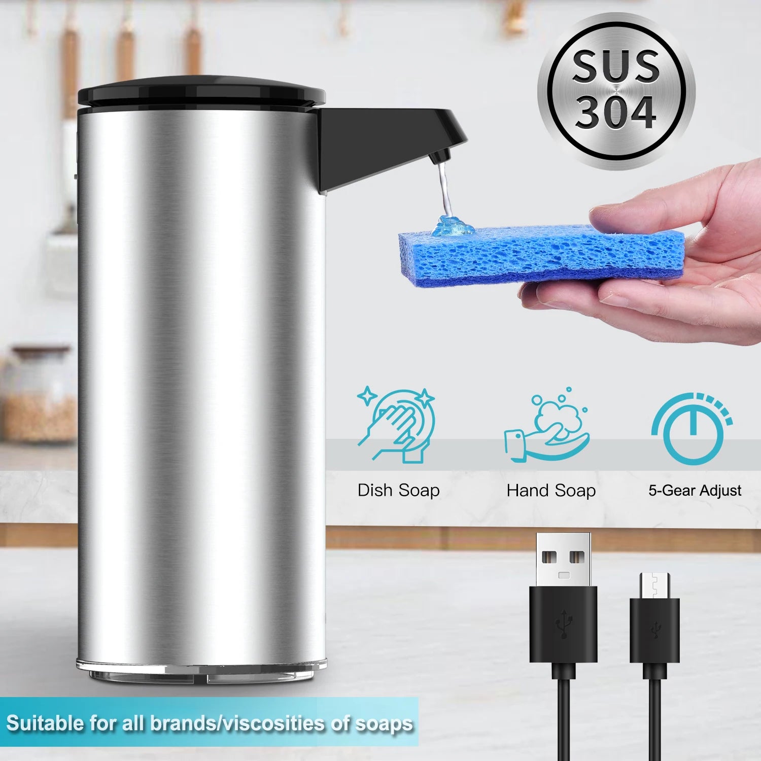 USB Rechargeable Automatic Soap Dispenser – Touchless Stainless Steel Pump for Kitchen & Bathroom Hygiene.