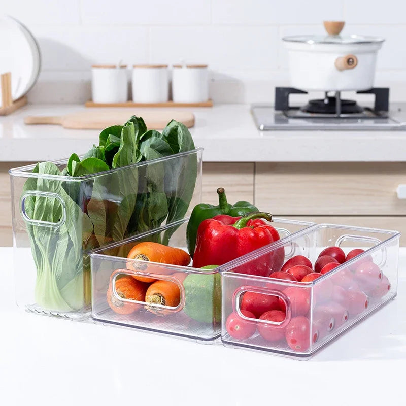 Stackable Refrigerator Organizer Bin – Clear Plastic Food Storage with Handle, Space-Saving Pantry & Freezer Organizer.