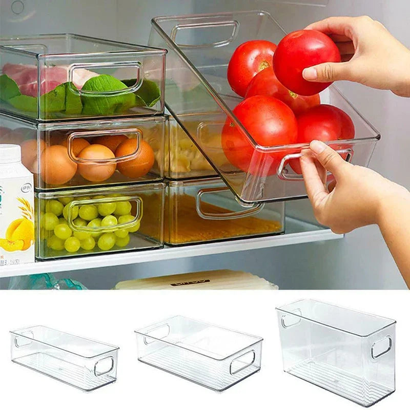 Stackable Refrigerator Organizer Bin – Clear Plastic Food Storage with Handle, Space-Saving Pantry & Freezer Organizer.