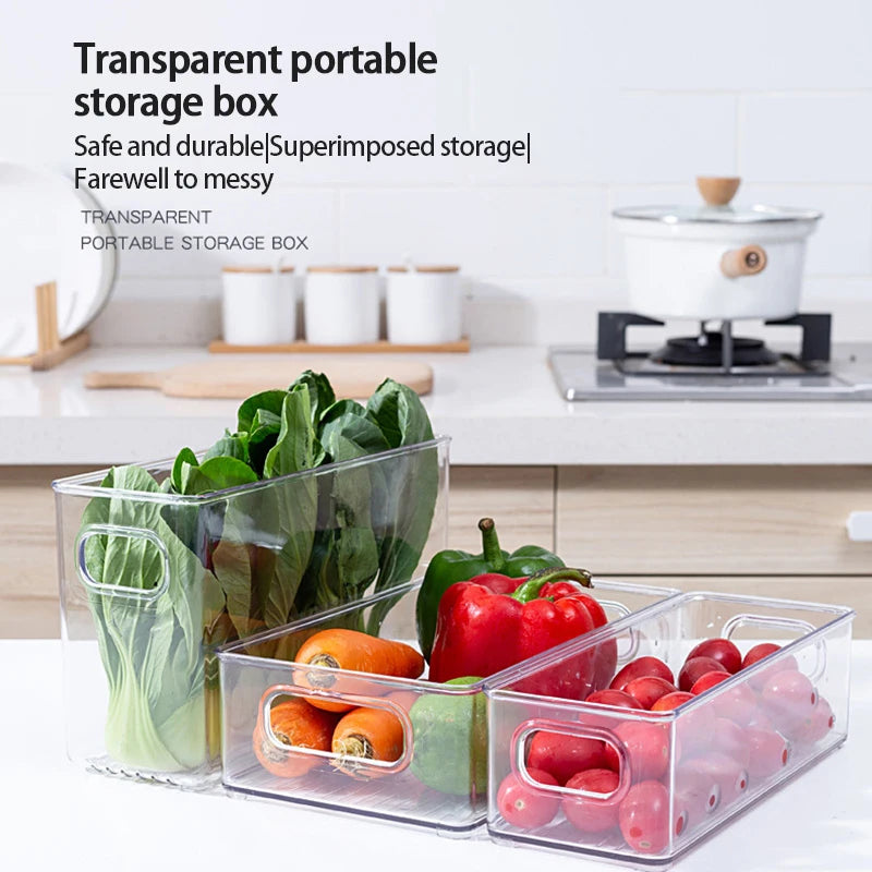 Stackable Refrigerator Organizer Bin – Clear Plastic Food Storage with Handle, Space-Saving Pantry & Freezer Organizer.