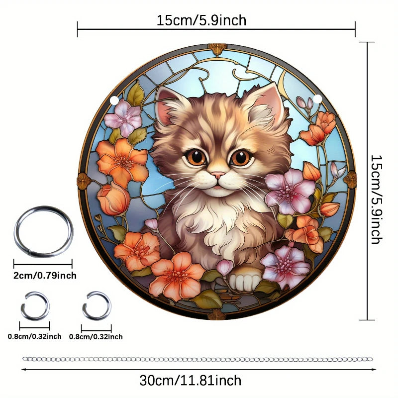 Orange Cat Suncatcher Acrylic Art – Round Hanging Plaque for Festival Decoration, Window, Yard, & Home Wall Décor.