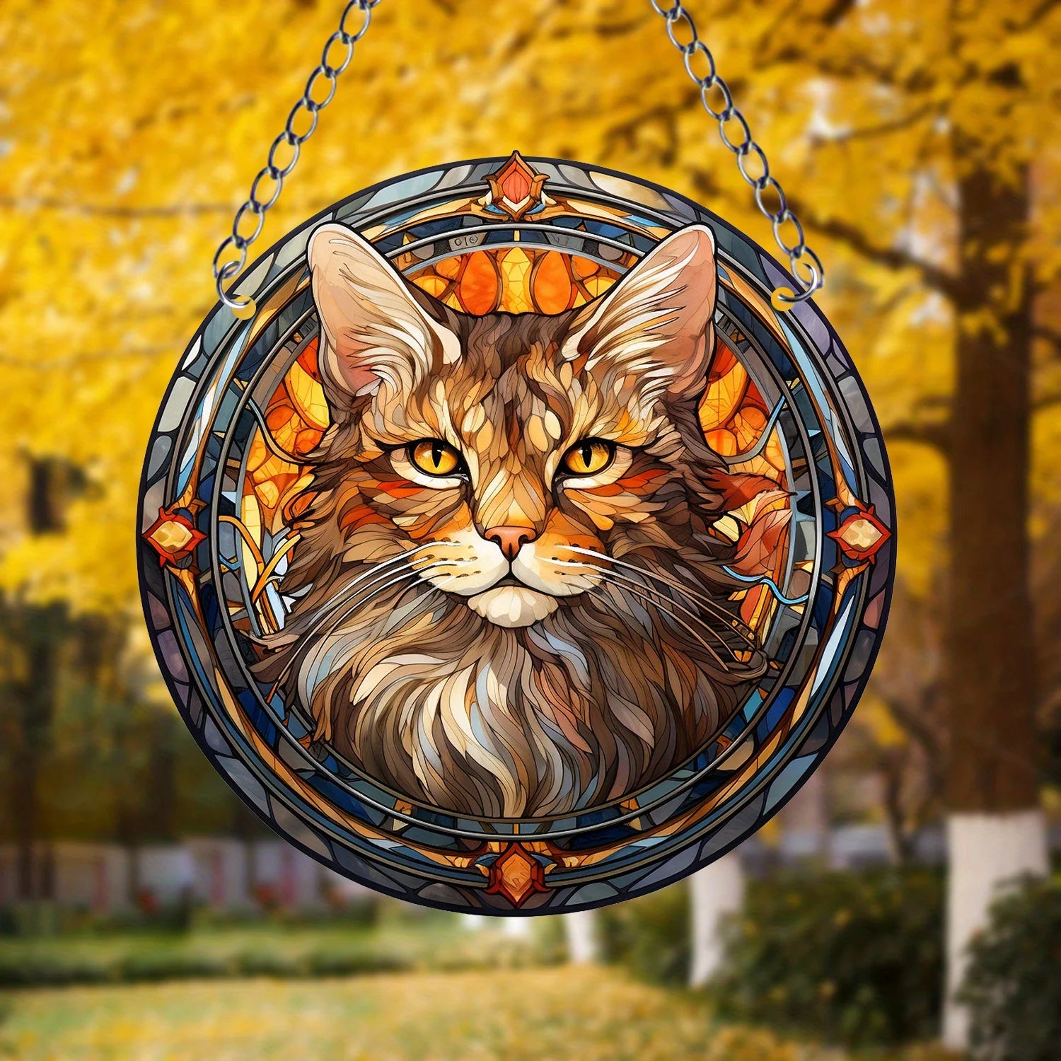 Orange Cat Suncatcher Acrylic Art – Round Hanging Plaque for Festival Decoration, Window, Yard, & Home Wall Décor.