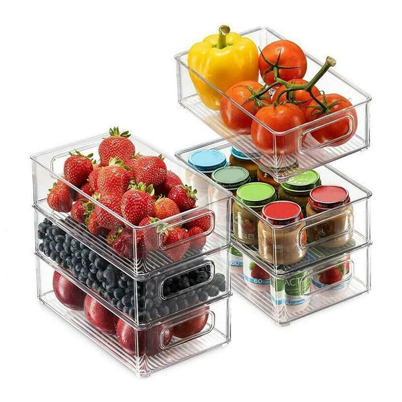 Stackable Refrigerator Organizer Bin – Clear Plastic Food Storage with Handle, Space-Saving Pantry & Freezer Organizer.