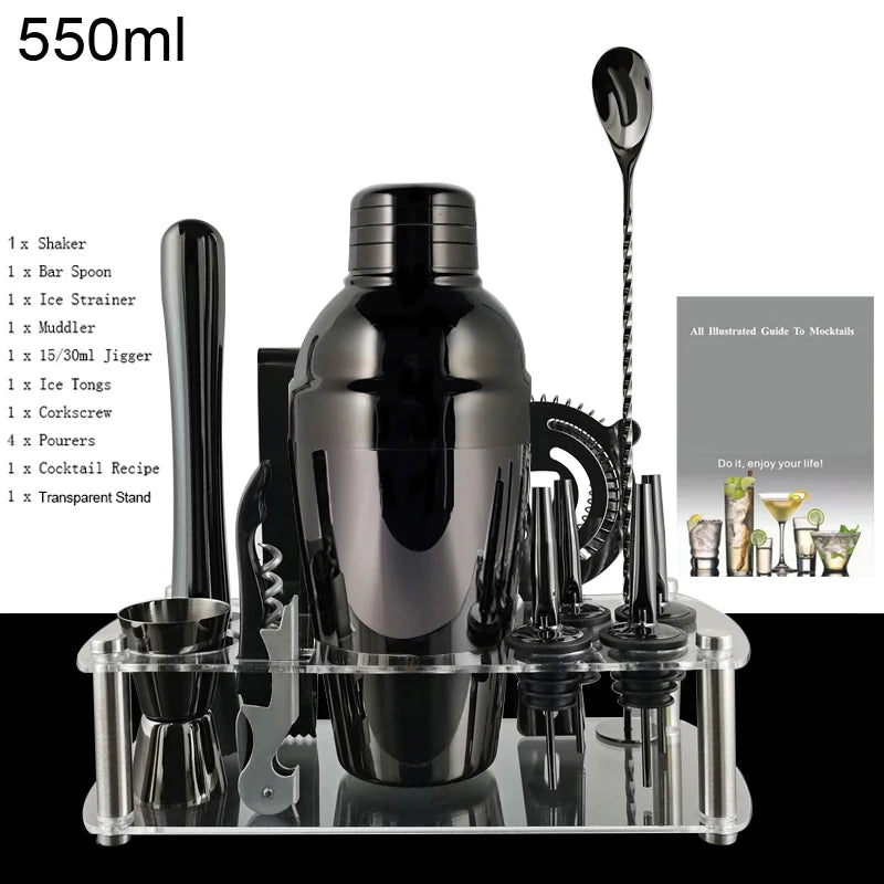 12pcs Black/Rose Gold/Silver 800/750/600ml Boston Shakers Bartender Kit Cocktail Shaker Set Bar Tools Stand Cocktail Recipe