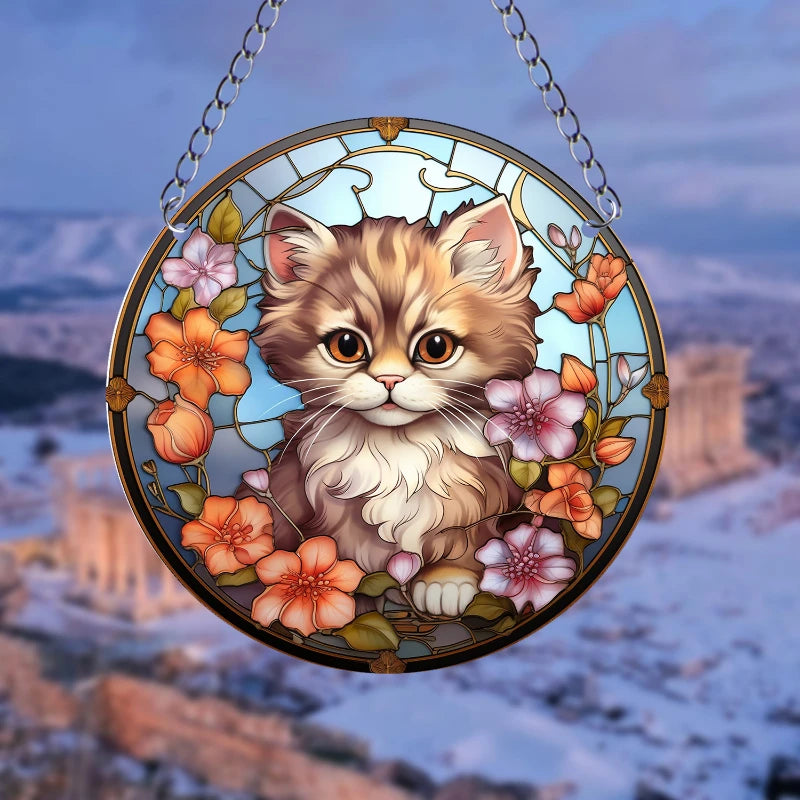 Orange Cat Suncatcher Acrylic Art – Round Hanging Plaque for Festival Decoration, Window, Yard, & Home Wall Décor.