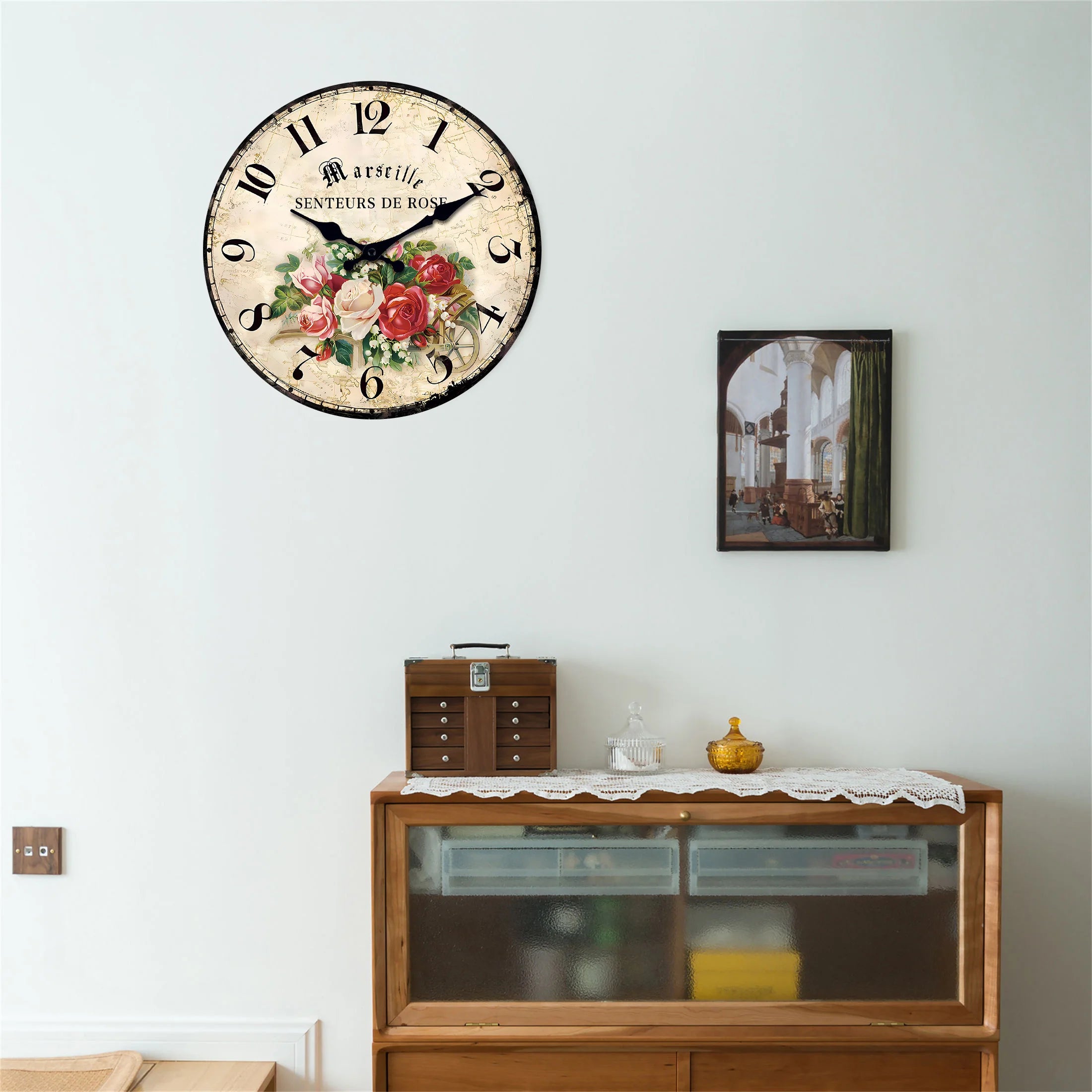 European Rose Wooden Wall Clock – Silent Quartz Home Décor for Living Room, Bedroom, Kitchen & Holiday Gift (No Battery).