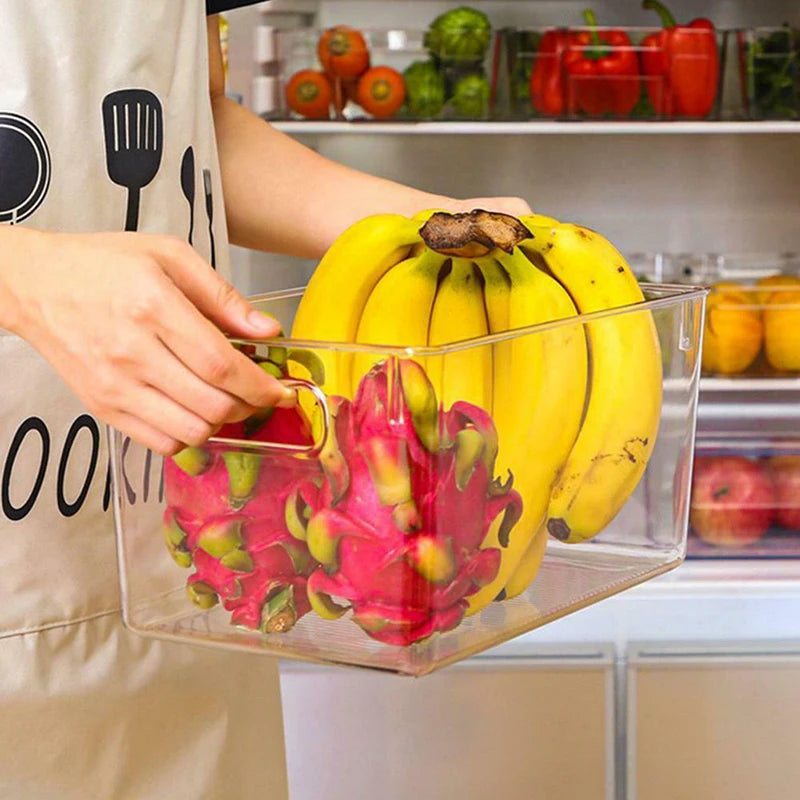 Stackable Refrigerator Organizer Bin – Clear Plastic Food Storage with Handle, Space-Saving Pantry & Freezer Organizer.