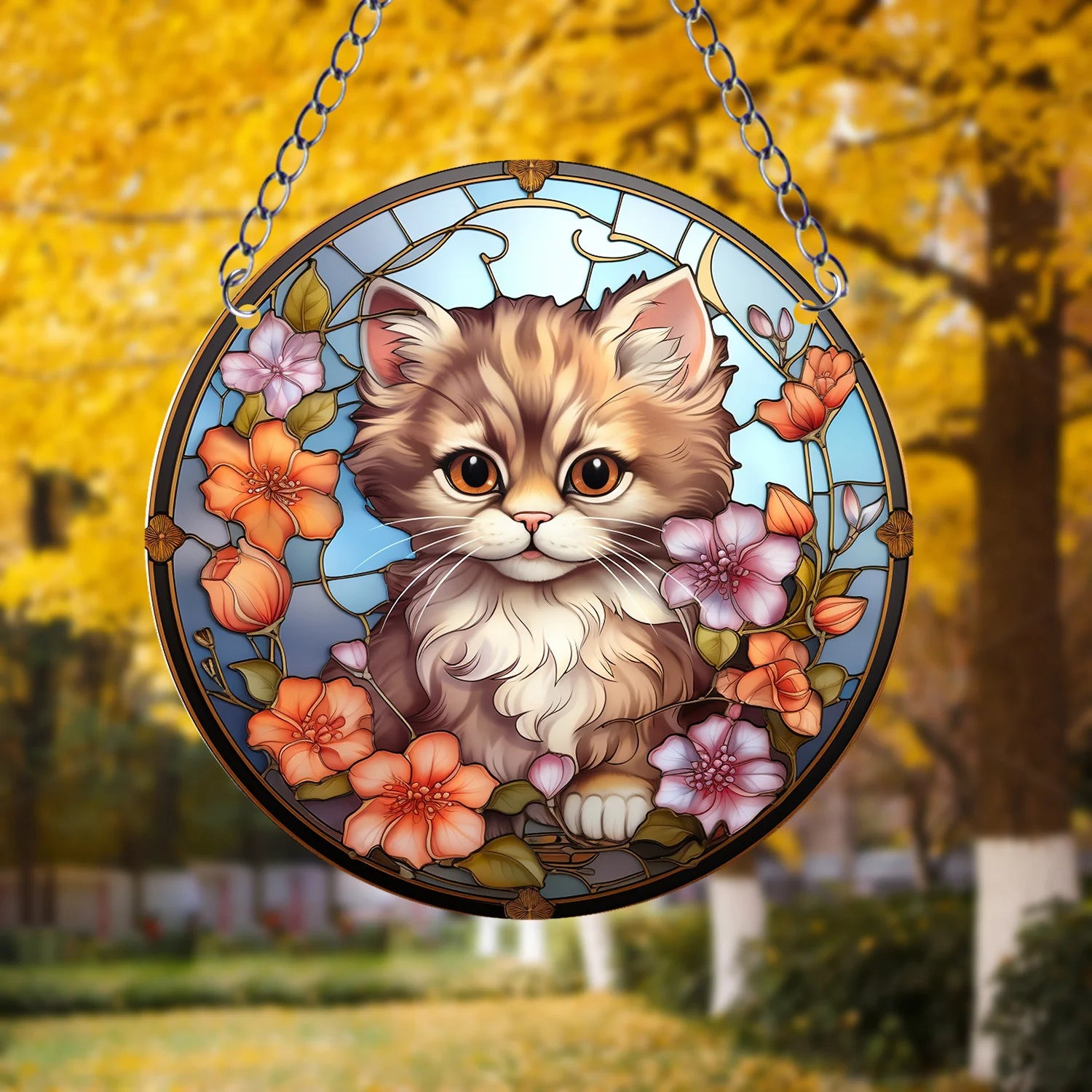 Orange Cat Suncatcher Acrylic Art – Round Hanging Plaque for Festival Decoration, Window, Yard, & Home Wall Décor.