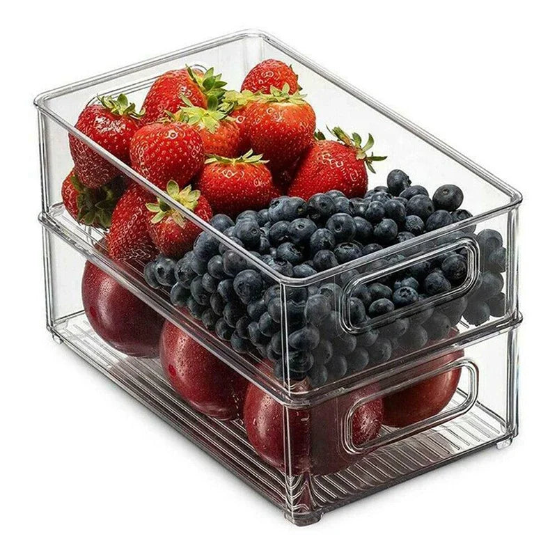 Stackable Refrigerator Organizer Bin – Clear Plastic Food Storage with Handle, Space-Saving Pantry & Freezer Organizer.