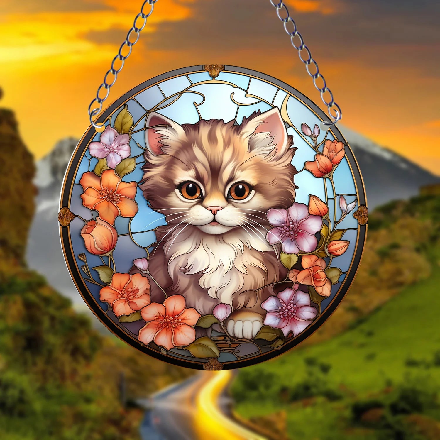 Orange Cat Suncatcher Acrylic Art – Round Hanging Plaque for Festival Decoration, Window, Yard, & Home Wall Décor.