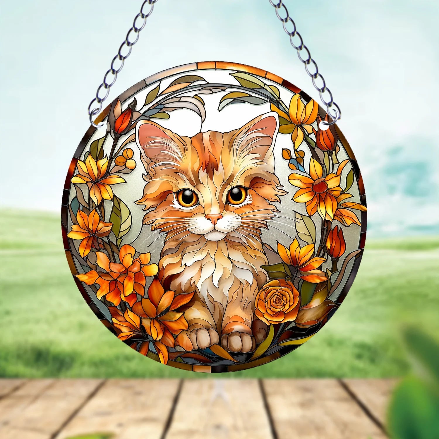 Orange Cat Suncatcher Acrylic Art – Round Hanging Plaque for Festival Decoration, Window, Yard, & Home Wall Décor.