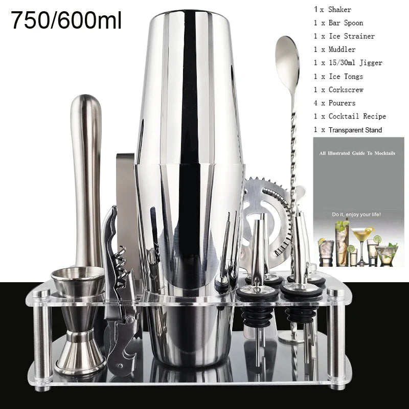 12pcs Black/Rose Gold/Silver 800/750/600ml Boston Shakers Bartender Kit Cocktail Shaker Set Bar Tools Stand Cocktail Recipe