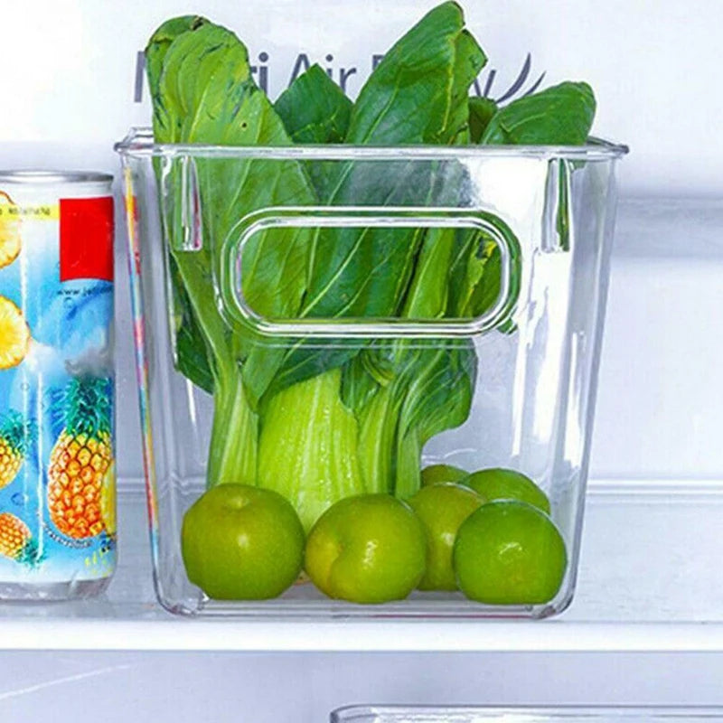 Stackable Refrigerator Organizer Bin – Clear Plastic Food Storage with Handle, Space-Saving Pantry & Freezer Organizer.