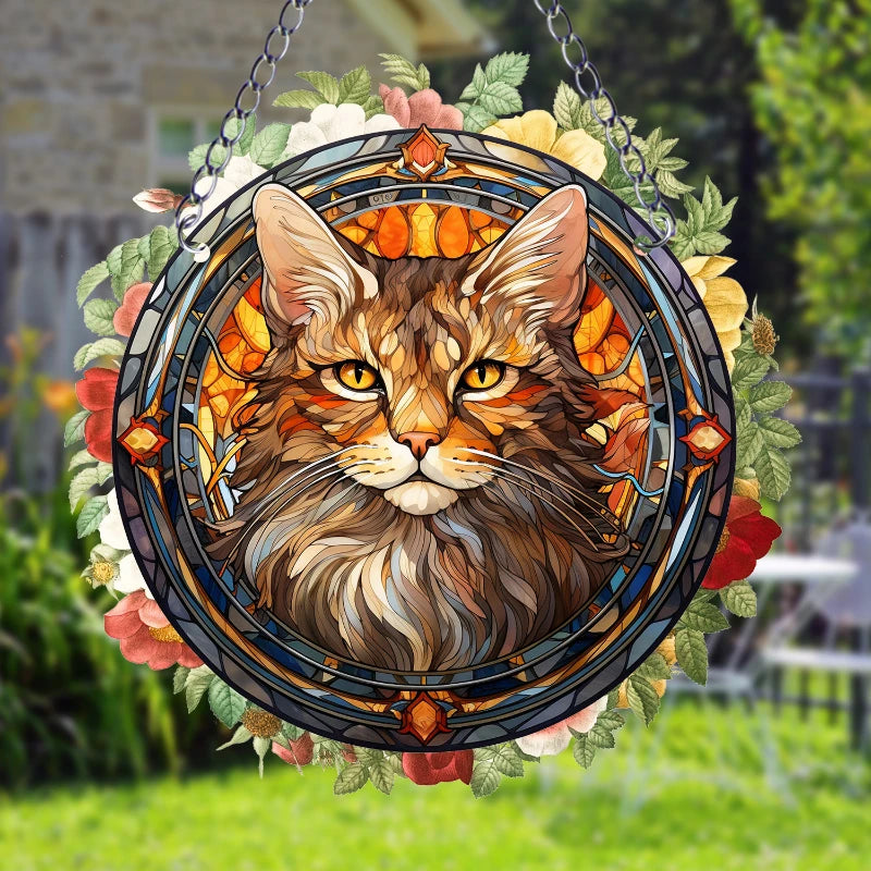 Orange Cat Suncatcher Acrylic Art – Round Hanging Plaque for Festival Decoration, Window, Yard, & Home Wall Décor.