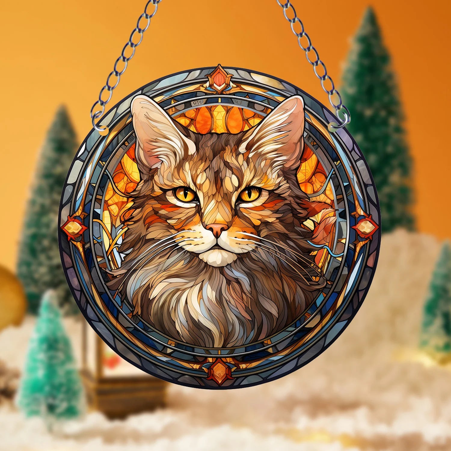 Orange Cat Suncatcher Acrylic Art – Round Hanging Plaque for Festival Decoration, Window, Yard, & Home Wall Décor.