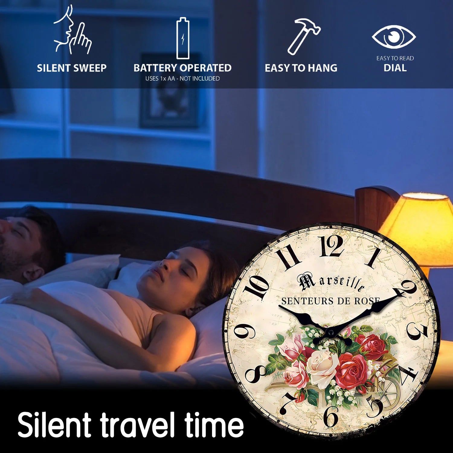 European Rose Wooden Wall Clock – Silent Quartz Home Décor for Living Room, Bedroom, Kitchen & Holiday Gift (No Battery).